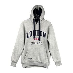 London England Graphic Hoodie Sweatshirt Gray Union Jack Flag Mens Size S